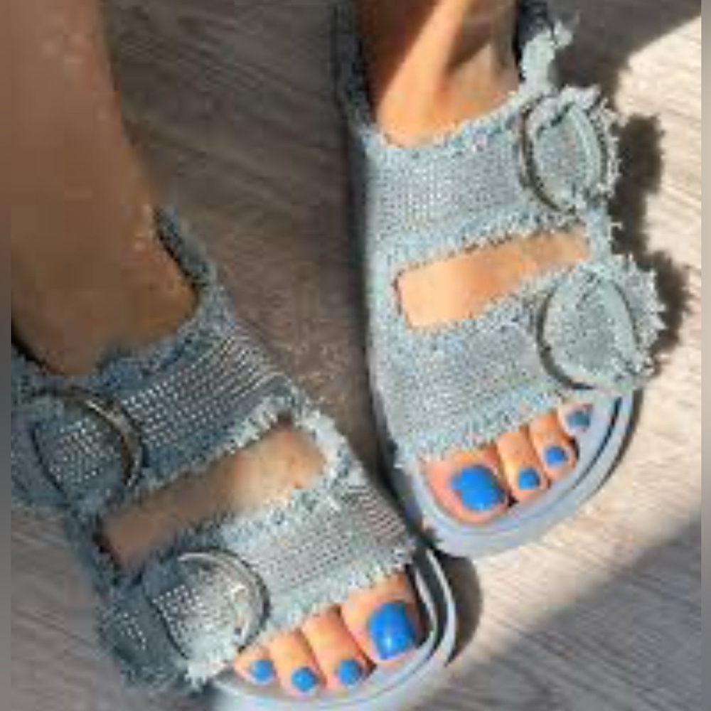 ZARA Rhinestone Denim Flat Slide Sandals size 36